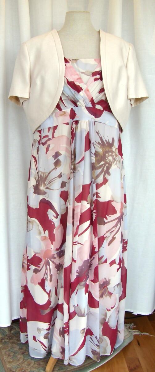 jacques vert CRANBERRY RANGE CREPE CHIFFON MAXI DRESS VOLUMINOUS BLOOM PRINT & CRANBERRY RANGE IVORY BOLERO