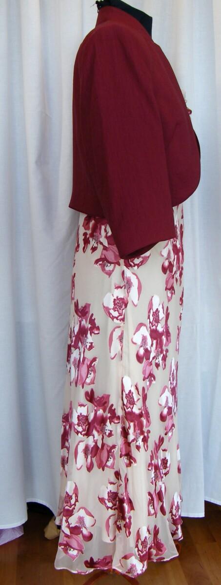 Jacques Vert CRANBERRY RANGE IVORY SILK DEVORE DRESS CRANBERRY RED CROCUS PRINT & CRANBERRY RED NOTCH NECK SHORT JACKET