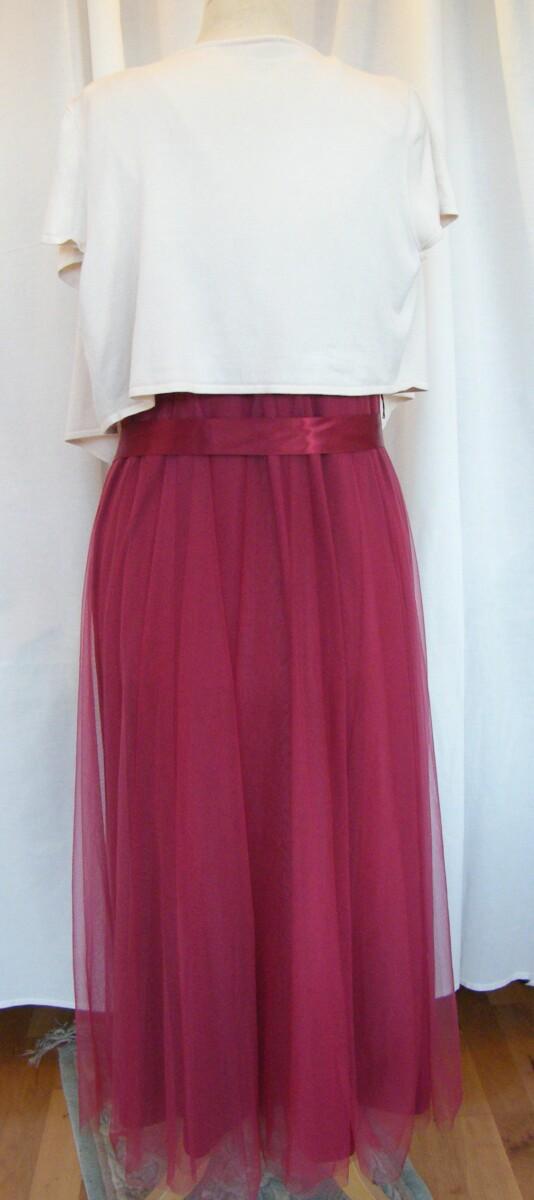 Jacques Vert CRANBERRY RANGE PARTY OR BRIDESMAIDS MAXI DRESS OF CRANBERRY RED FINE NET IVORY KNITTED SHRUG