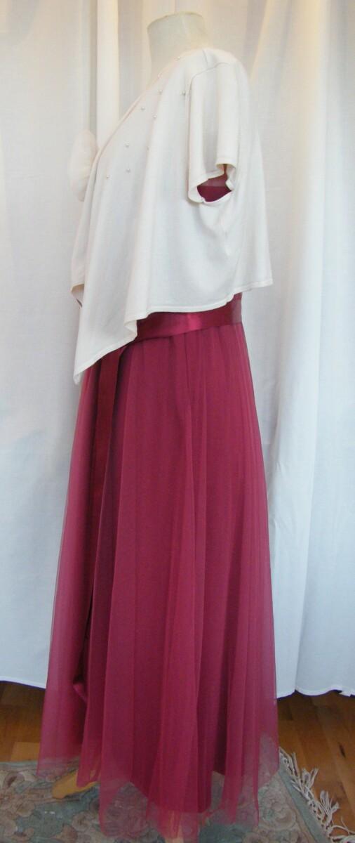 Jacques Vert CRANBERRY RANGE PARTY OR BRIDESMAIDS MAXI DRESS OF CRANBERRY RED FINE NET IVORY KNITTED SHRUG