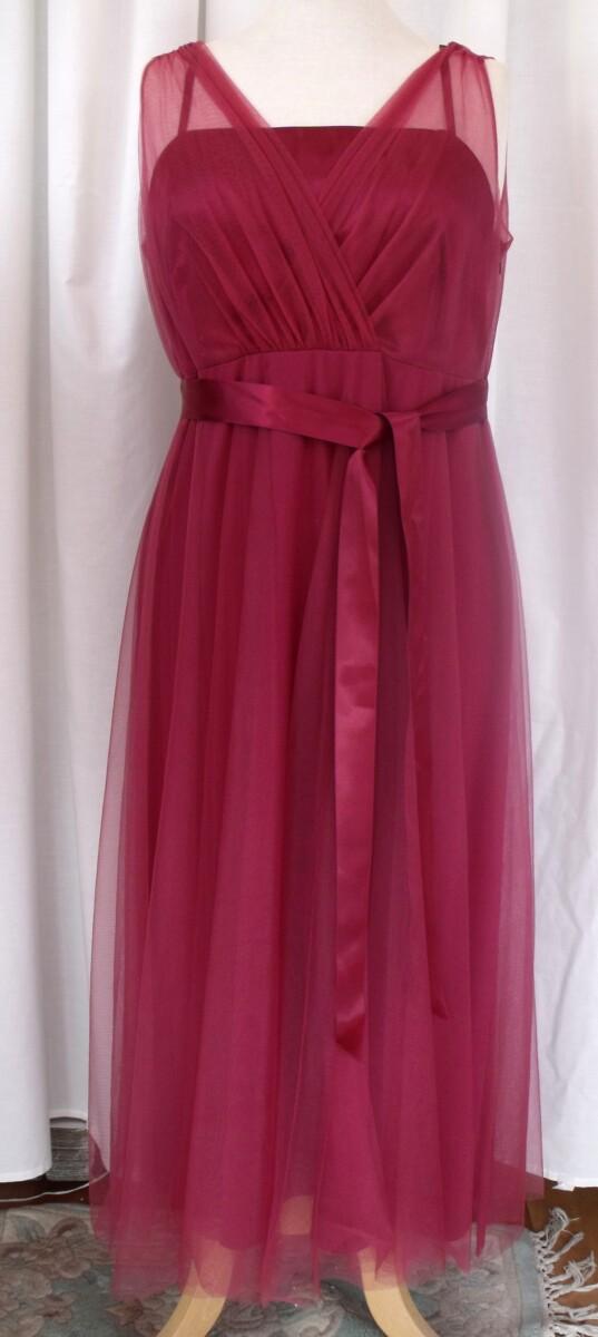 Jacques Vert CRANBERRY RANGE PARTY OR BRIDESMAIDS MAXI DRESS OF CRANBERRY RED FINE NET IVORY KNITTED SHRUG