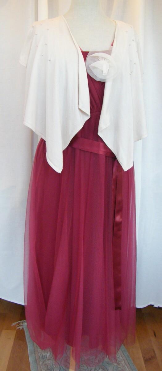 jacques vert CRANBERRY RANGE PARTY OR BRIDESMAIDS MAXI DRESS OF CRANBERRY RED FINE NET IVORY KNITTED SHRUG