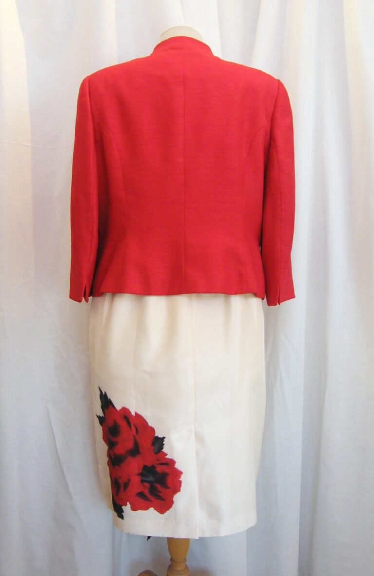 Jacques Vert CREAM SHANTUNG DRESS WITH LARGE SCARLET ROSE PLACEMENT PRINT SCARLET SHANTUNG JACKET