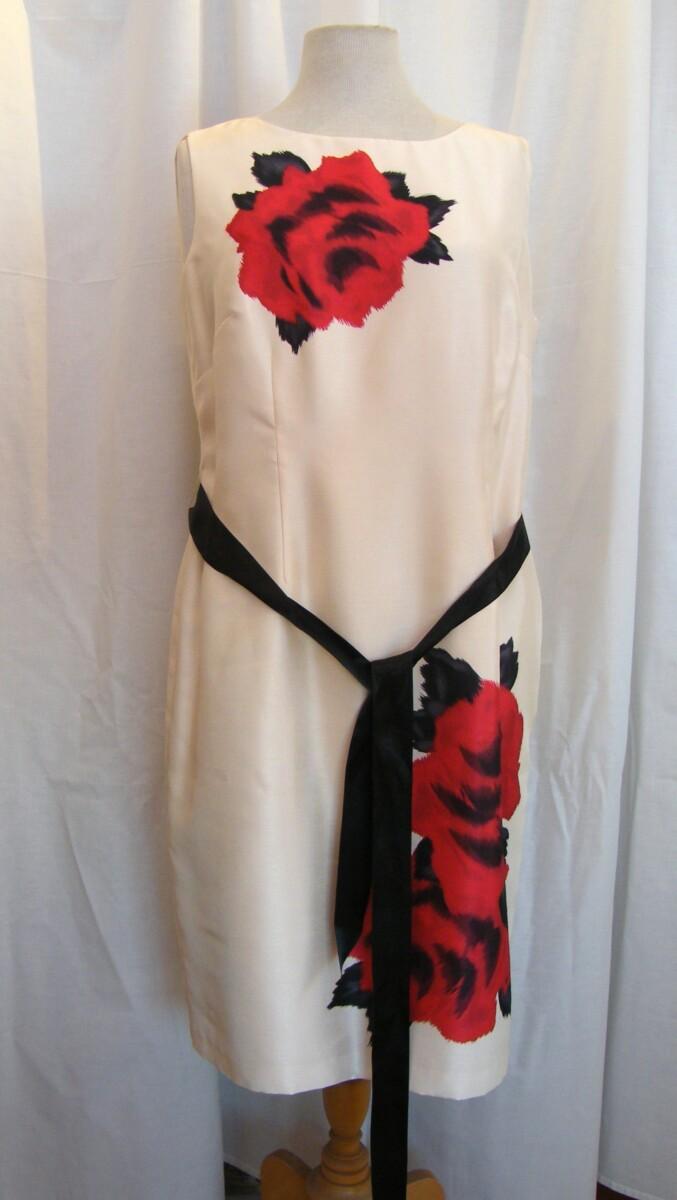 Jacques Vert CREAM SHANTUNG DRESS WITH LARGE SCARLET ROSE PLACEMENT PRINT SCARLET SHANTUNG JACKET