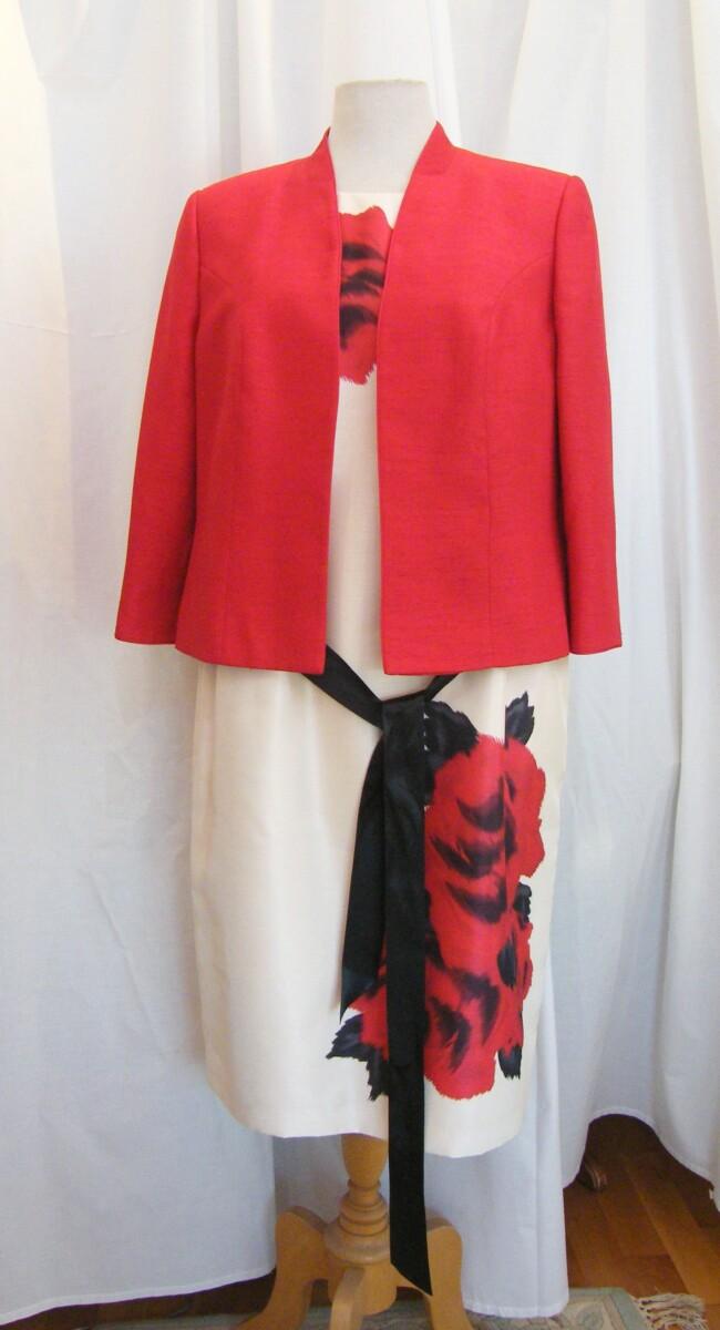 jacques vert CREAM SHANTUNG DRESS WITH LARGE SCARLET ROSE PLACEMENT PRINT SCARLET SHANTUNG JACKET