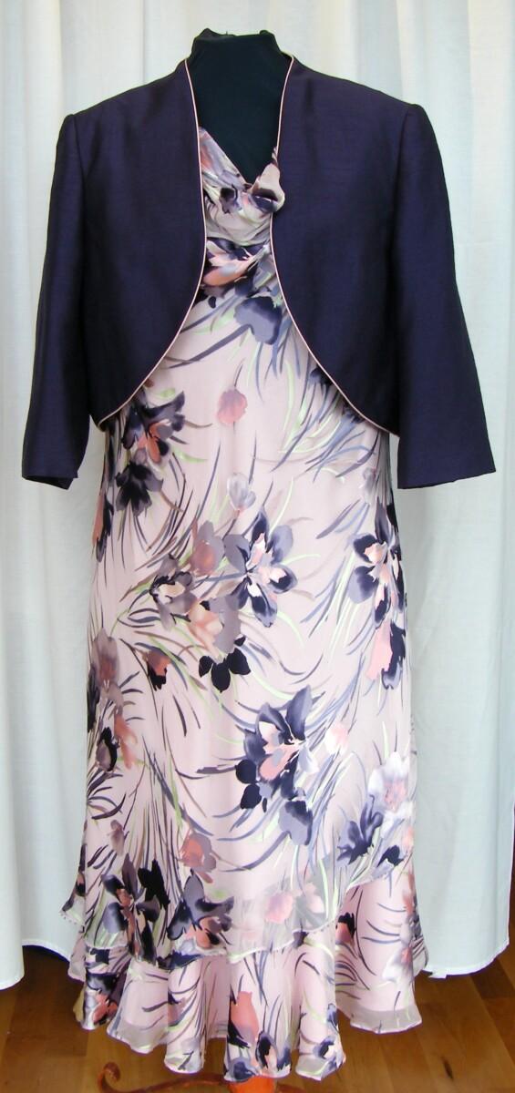 jacques vert DAMSON & PETAL PINK RANGE PINK SILK DEVORE DRESS PURPLE FLOWERHEAD PRINT & DAMSON BOLERO