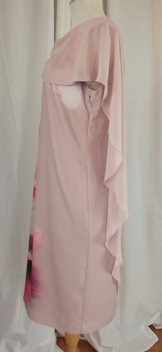 Jacques Vert DEEP MUSHROOM SOFT CREPE PRINTED CAPE DRAPE DRESS CORAL & RED LARGE FLOWERHEAD PRINT