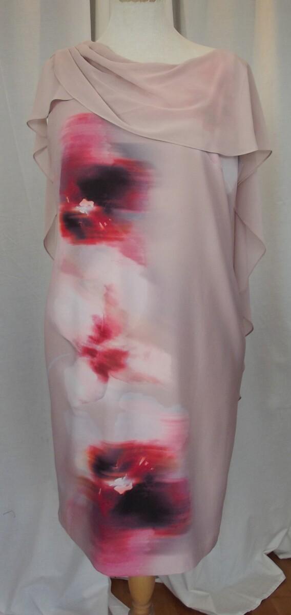 jacques vert DEEP MUSHROOM SOFT CREPE PRINTED CAPE DRAPE DRESS CORAL & RED LARGE FLOWERHEAD PRINT