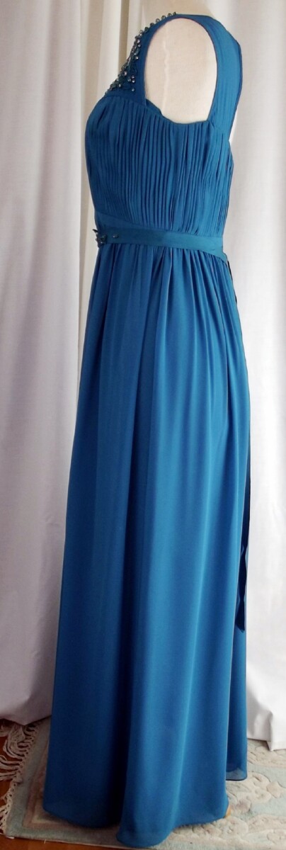 Jacques Vert DEEP TURQUOISE CHIFFON RUCHED & BEADED BODICE FLOOR LENGTH EVENING GOWN OPTIONAL BEADED BELT