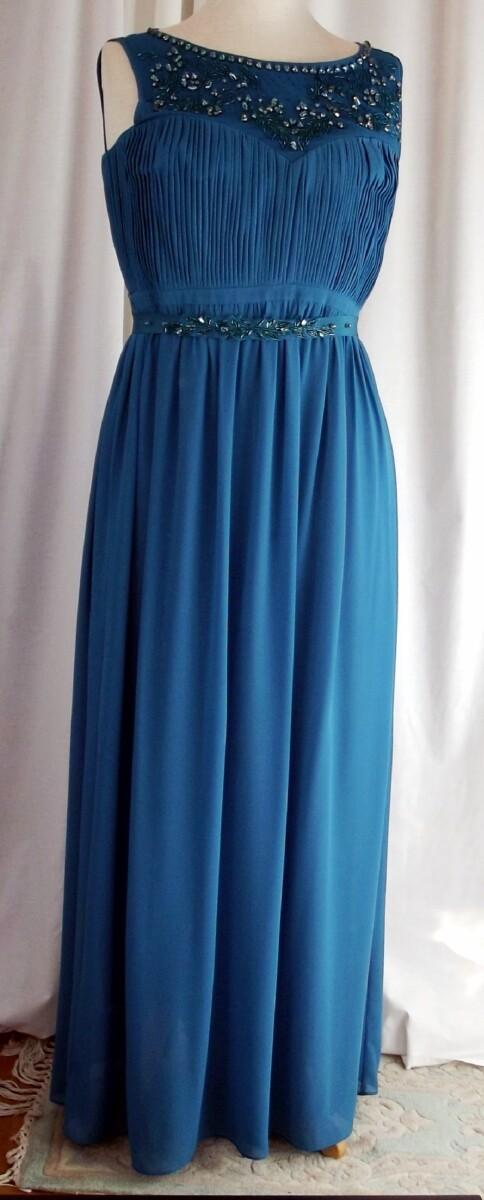 jacques vert DEEP TURQUOISE CHIFFON RUCHED & BEADED BODICE FLOOR LENGTH EVENING GOWN OPTIONAL BEADED BELT