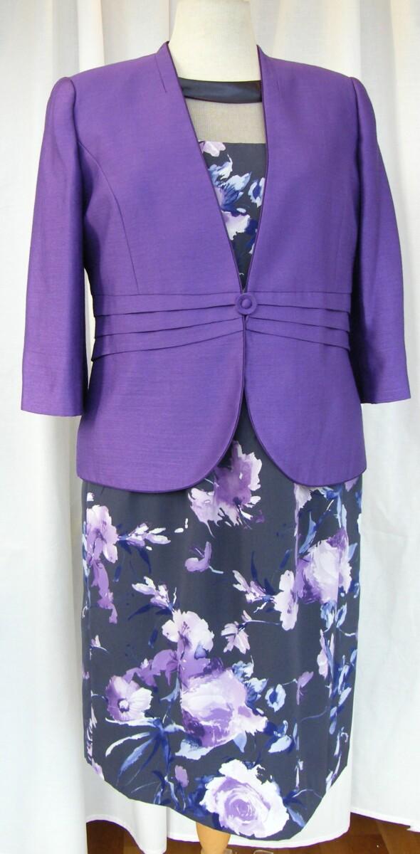 jacques vert DEEPLY DEVINE RANGE PURPLE SHANTUNG JACKET MATCHING GRAPHITE GREY CREPE DRESS VIOLA & PURPLE PRINT