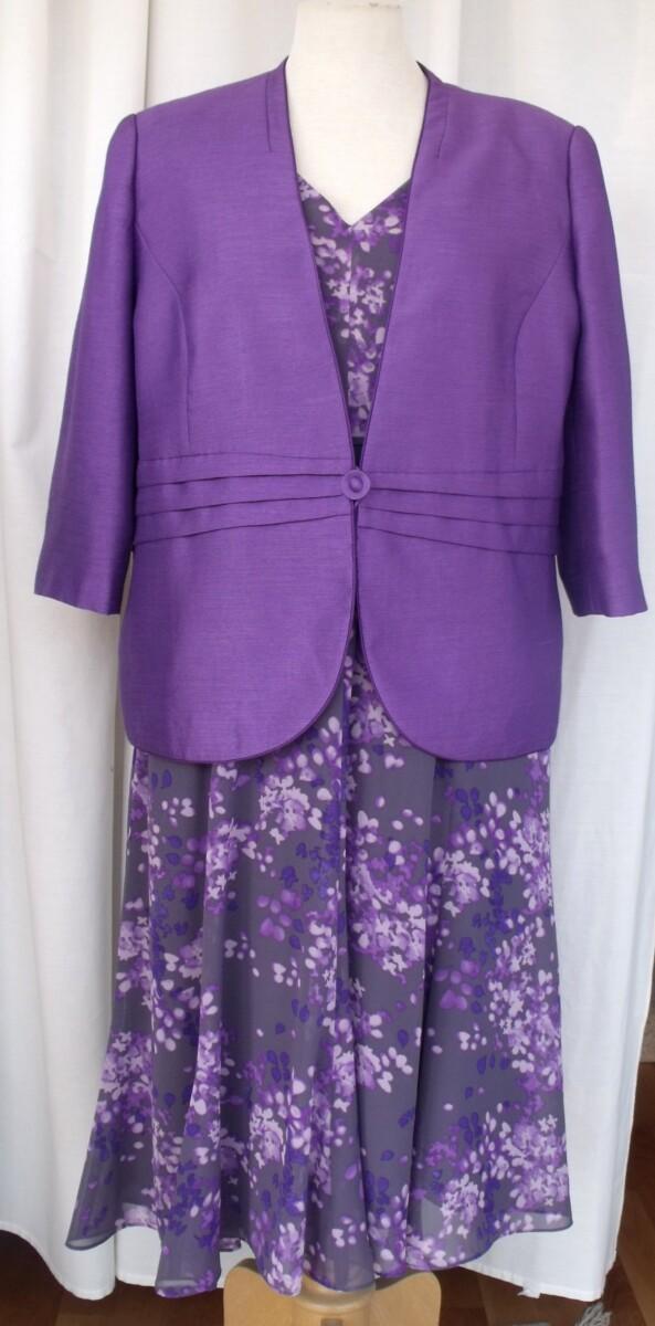 jacques vert DEEPLY DEVINE RANGE PURPLE SHANTUNG JACKET MATCHING GRAPHITE GREY CREPE DRESS VIOLA & PURPLE PRINT