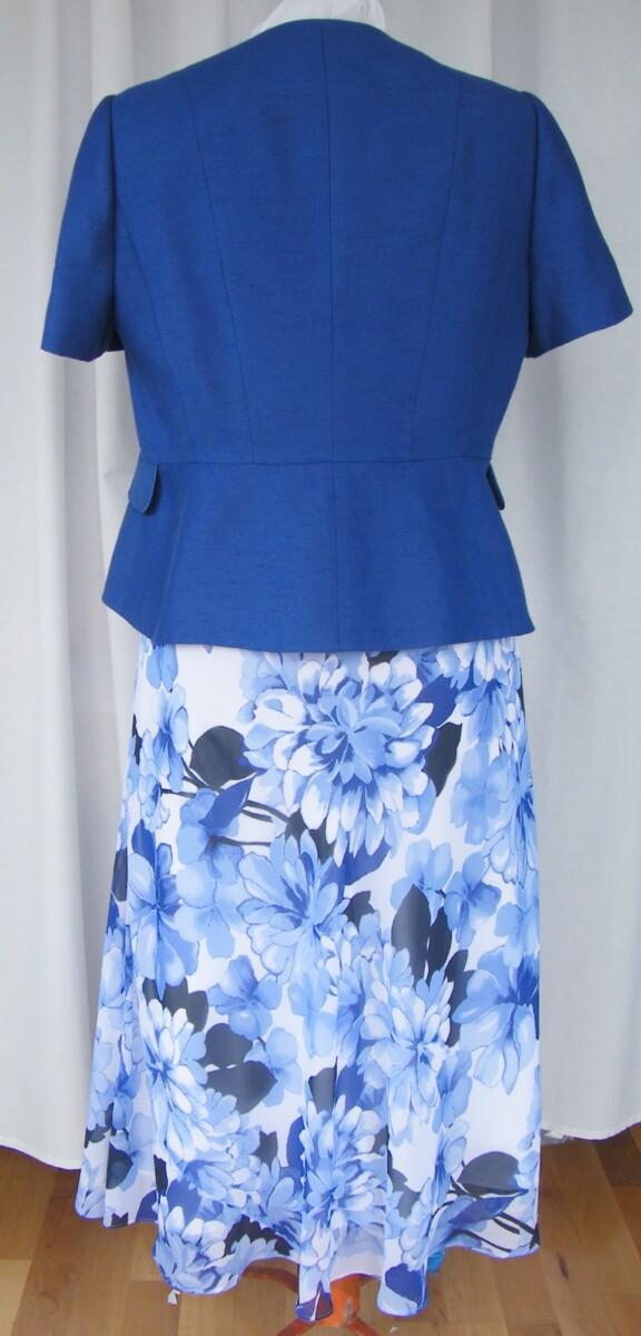 Jacques Vert DELPHINIUM RANGE IVORY CREPE CHIFFON BLUE FLOWERHEAD PRINT DRESS ROYAL BLUE PEPLUM JACKET SHORT SLEEVES