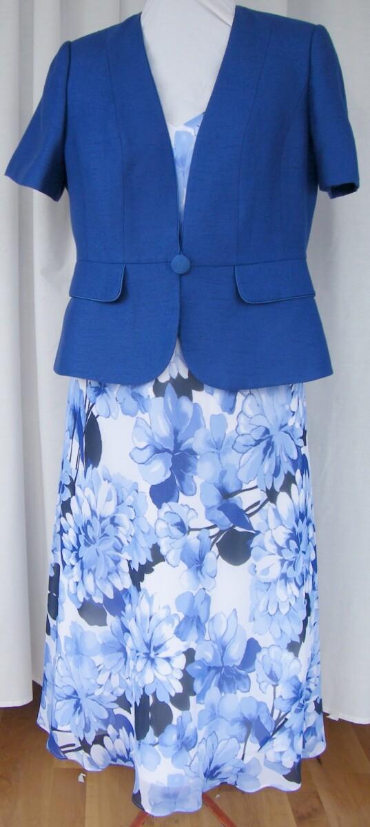 jacques vert DELPHINIUM RANGE IVORY CREPE CHIFFON BLUE FLOWERHEAD PRINT DRESS ROYAL BLUE PEPLUM JACKET SHORT SLEEVES