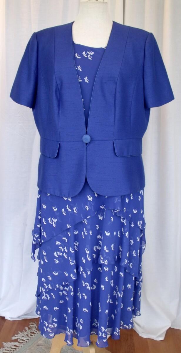 jacques vert DELPHINIUM RANGE ROYAL BLUE CHIFFON DRESS IVORY BUTTERFLY PRINT ROYAL BLUE PEPLUM JACKET SHORT SLEEVES