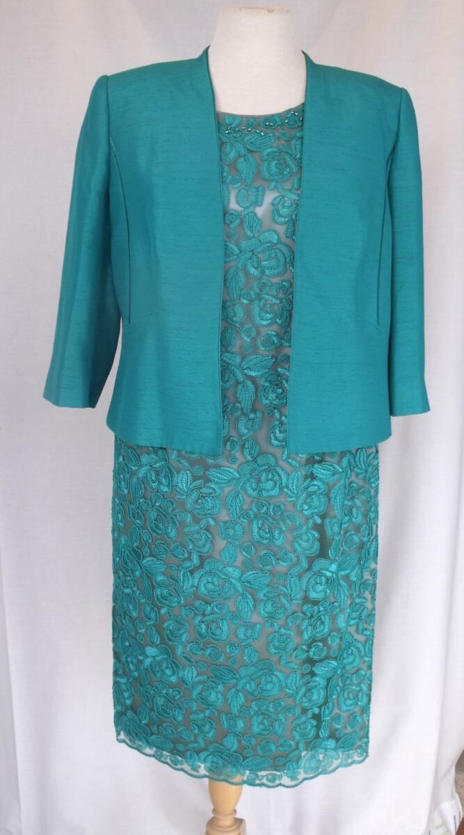 jacques vert EMERALD GREEN OPULENT LACE DRESS & EMERALD GREEN SHANTUNG JACKET SATIN FACED SEAMS