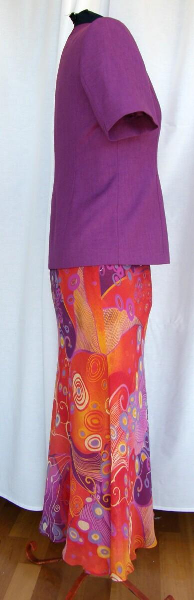 Jacques Vert FANTASY PRINTED CREPE CHIFFON SKIRT & TOP IN SHADES OF PURPLE & BURNT ORANGE & PURPLE LINEN LOOK JACKET