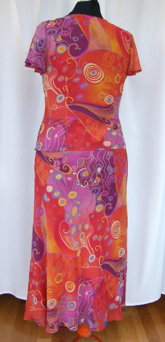 Jacques Vert FANTASY PRINTED CREPE CHIFFON SKIRT & TOP IN SHADES OF PURPLE & BURNT ORANGE & PURPLE LINEN LOOK JACKET