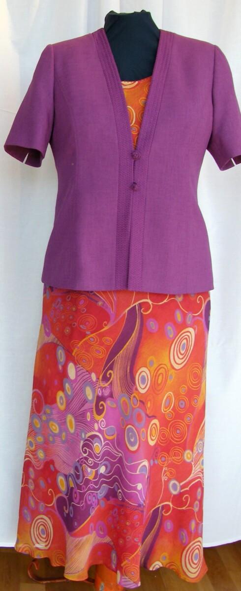 jacques vert FANTASY PRINTED CREPE CHIFFON SKIRT & TOP IN SHADES OF PURPLE & BURNT ORANGE & PURPLE LINEN LOOK JACKET