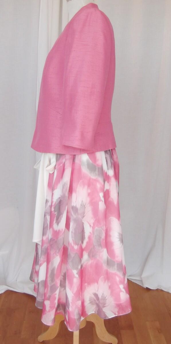 Jacques Vert FEMININE CLOVER PINK SHANTUNG JACKET MATCHING JERSEY CHIFFON DRESS IN PINK & GREY LARGE PANSY FLOWERHEAD PRINT OPTIONAL IVORY CHIFFON SASH