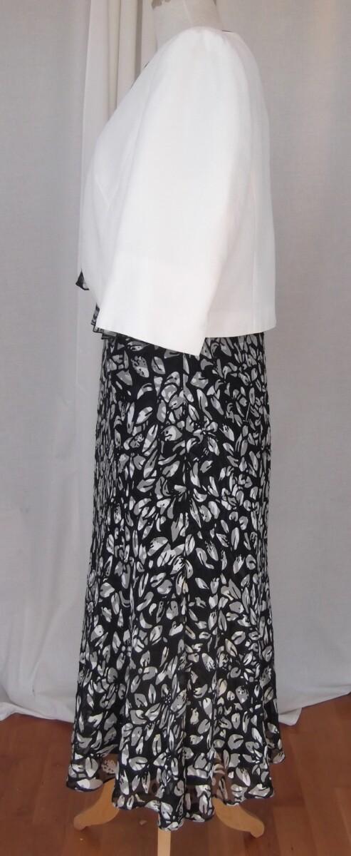 Jacques Vert FIT & FLARE DRESS OF BLACK 19% SILK SILVER LEAF PRINT & IVORY SHANTUNG SHORT JACKET EDGED IN BLACK