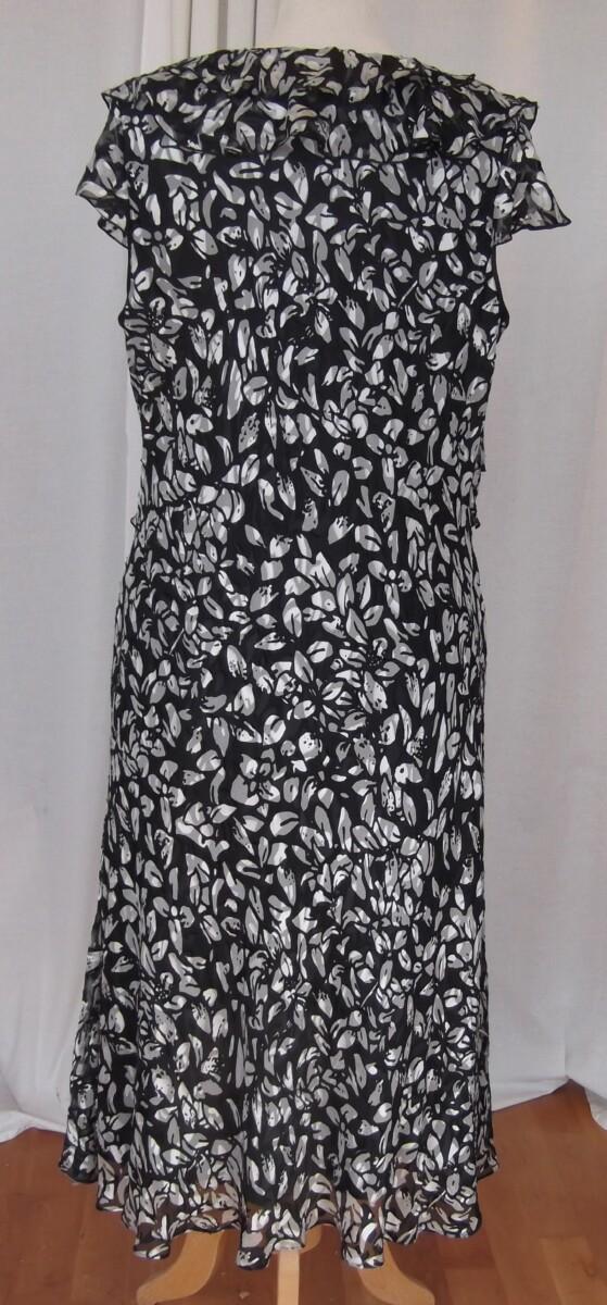 Jacques Vert FIT & FLARE DRESS OF BLACK 19% SILK SILVER LEAF PRINT & IVORY SHANTUNG SHORT JACKET EDGED IN BLACK