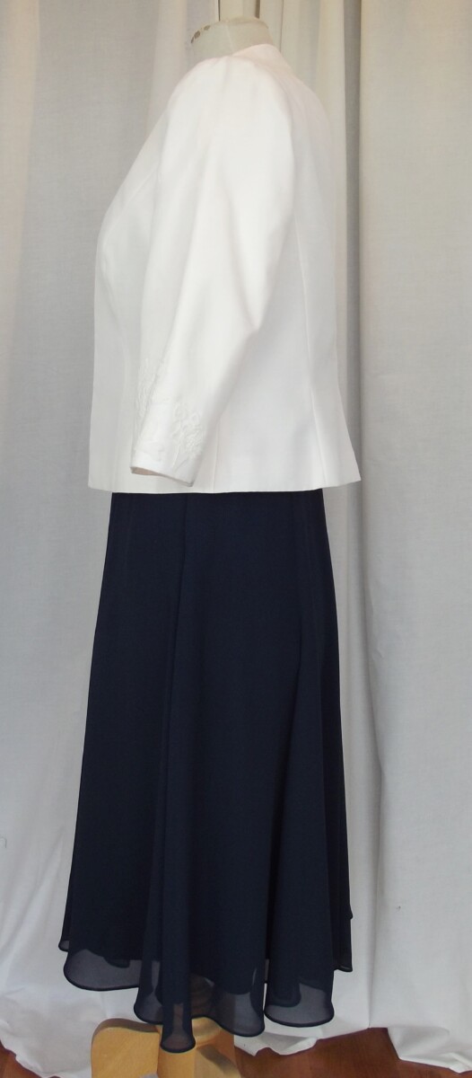 Jacques Vert FIT & FLARE DRESS OF IVORY LACE BODICE WITH NAVY CHIFFON SKIRT IVORY SHANTUNG JACKET LACE APPLIQUE