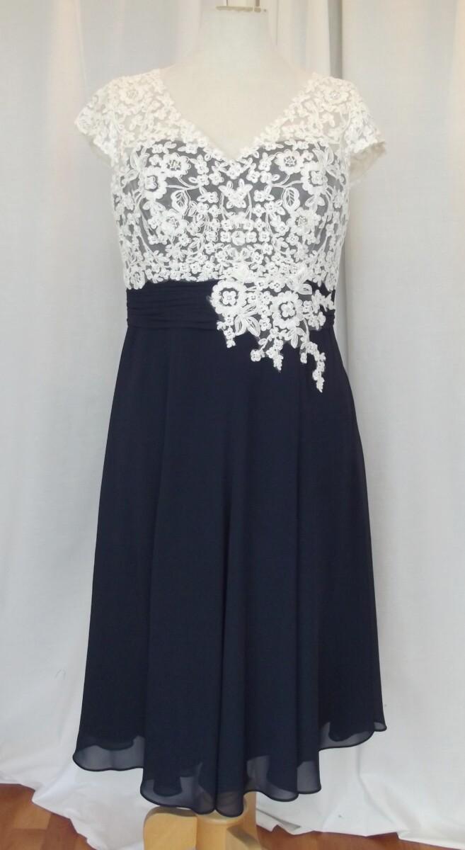 Jacques Vert FIT & FLARE DRESS OF IVORY LACE BODICE WITH NAVY CHIFFON SKIRT IVORY SHANTUNG JACKET LACE APPLIQUE