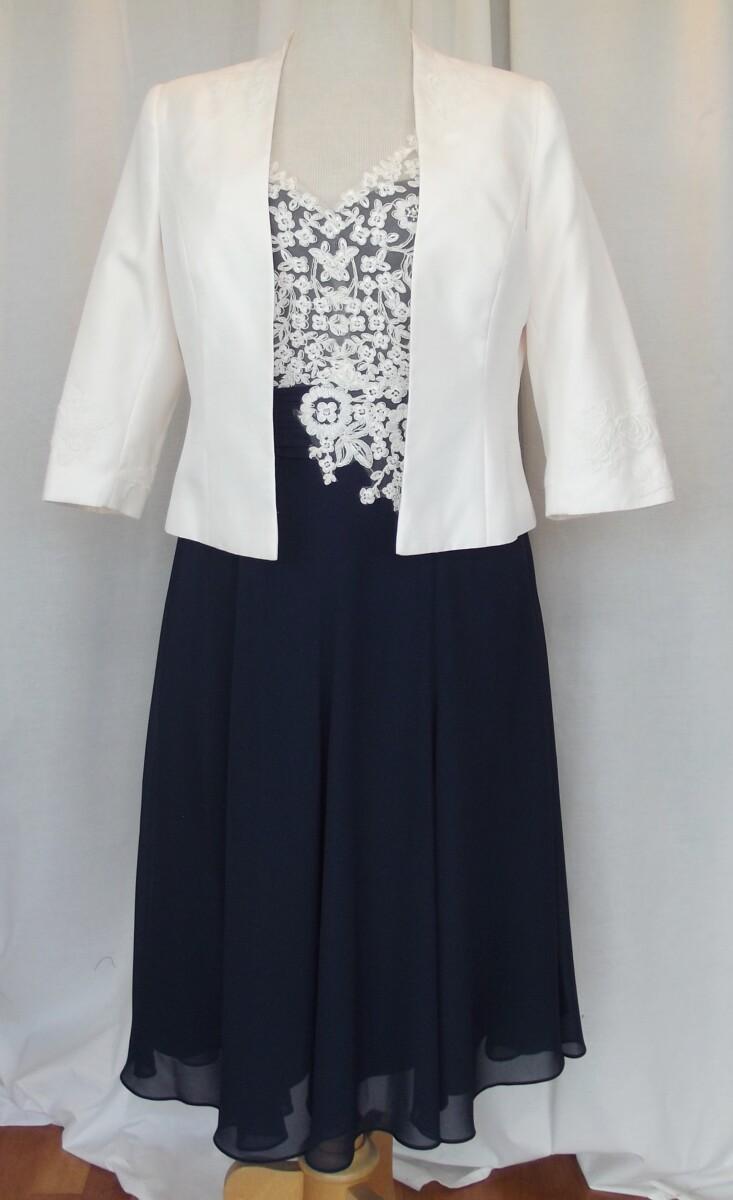 jacques vert FIT & FLARE DRESS OF IVORY LACE BODICE WITH NAVY CHIFFON SKIRT IVORY SHANTUNG JACKET LACE APPLIQUE