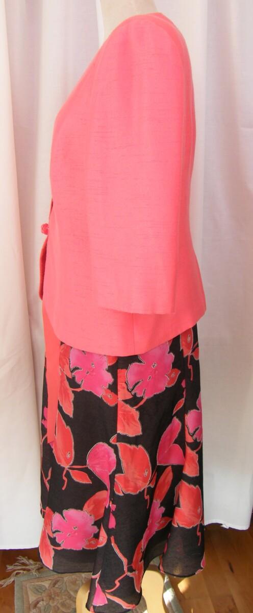 Jacques Vert FLAMINGO RANGE A LINE DRESS OF BLACK MUSLIN/LINEN BLEND CORAL FLOWER HEAD PRINT & CORAL WOVEN JACKET