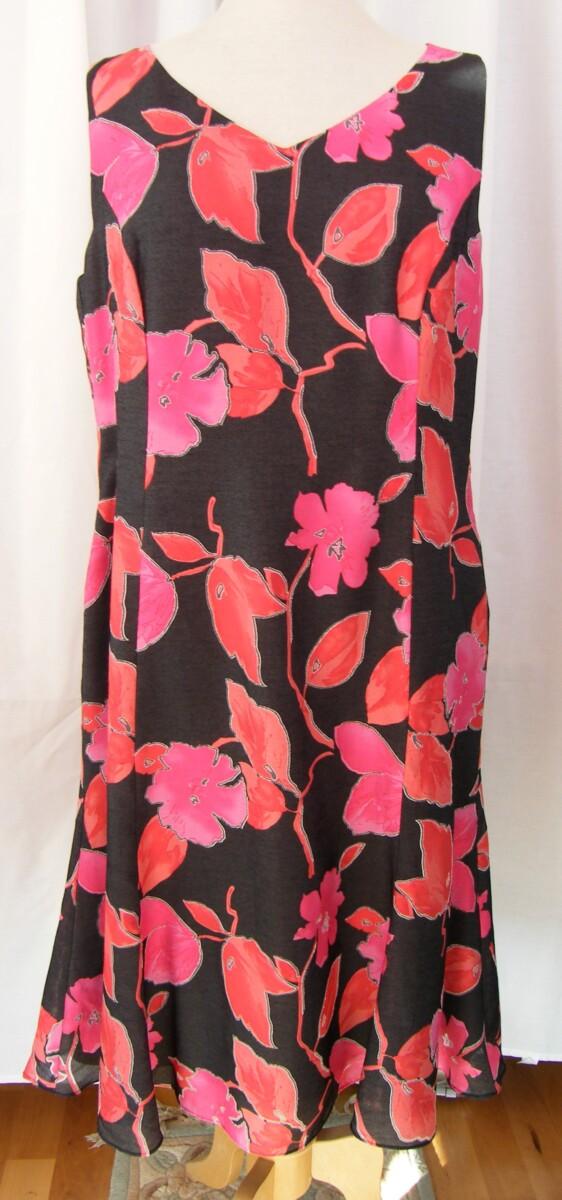 Jacques Vert FLAMINGO RANGE A LINE DRESS OF BLACK MUSLIN/LINEN BLEND CORAL FLOWER HEAD PRINT & CORAL WOVEN JACKET