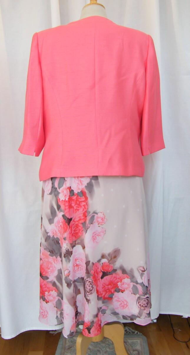 Jacques Vert FLOWER & SPOT PROM DRESS CORAL & PINK FLORAL PLACEMENT PRINT & CORAL SHANTUNG JACKET