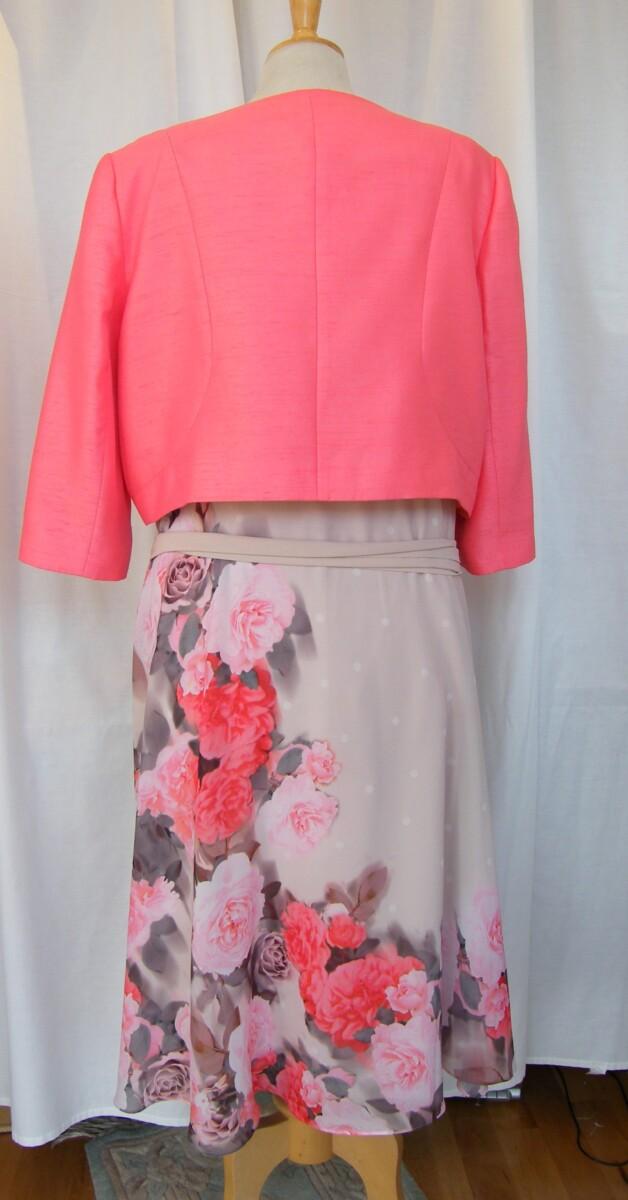 Jacques Vert FLOWER & SPOT PROM DRESS CORAL & PINK FLORAL PLACEMENT PRINT & CORAL SHANTUNG CURVED EDGE SHORT JACKET