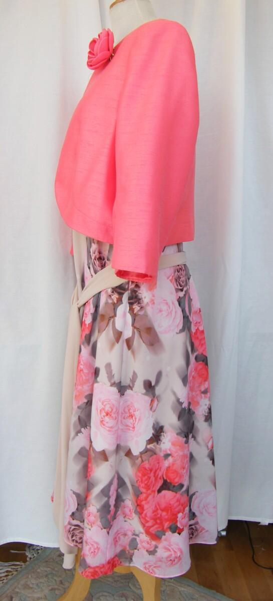 Jacques Vert FLOWER & SPOT PROM DRESS CORAL & PINK FLORAL PLACEMENT PRINT & CORAL SHANTUNG CURVED EDGE SHORT JACKET
