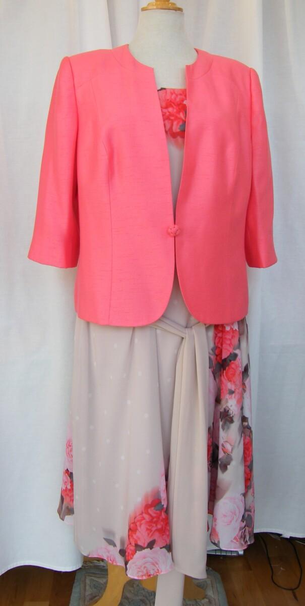 jacques vert FLOWER & SPOT PROM DRESS CORAL & PINK FLORAL PLACEMENT PRINT & CORAL SHANTUNG JACKET