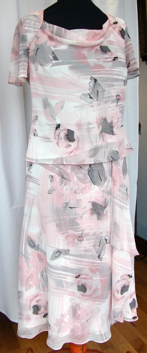 Jacques Vert FONDANT PINK RANGE PINK GREY AND IVORY ABSTRACT PRINT TOP & SKIRT MATCHING GREY SHANTUNG NOTCH NECK JACKET