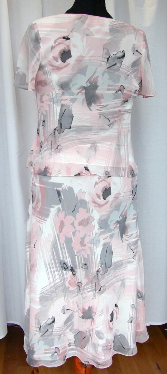 Jacques Vert FONDANT PINK RANGE PINK GREY AND IVORY ABSTRACT PRINT TOP & SKIRT MATCHING BROACH JACKET IN PINK SHANTUNG