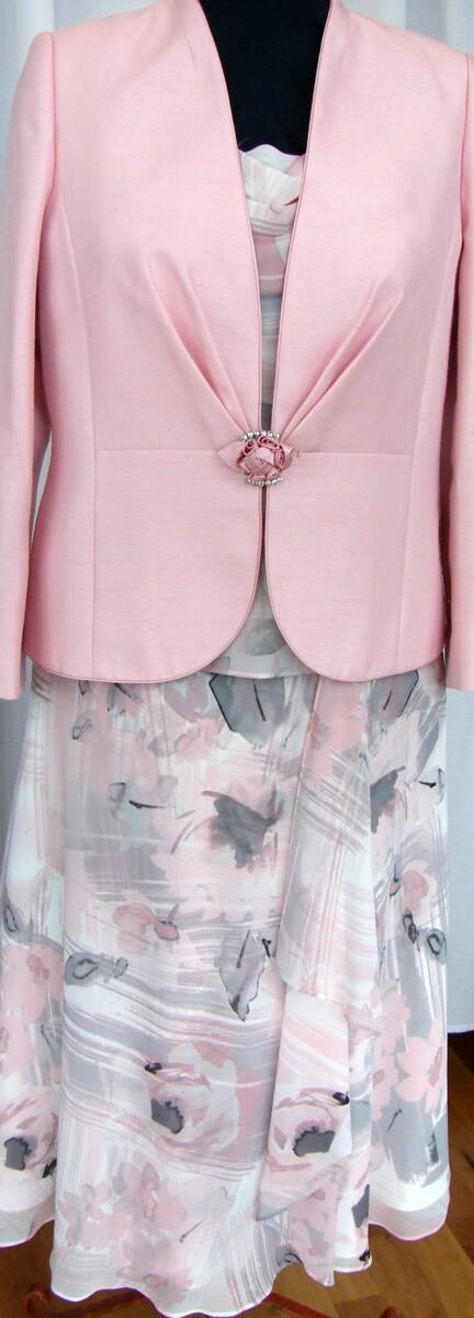 jacques vert FONDANT PINK RANGE PINK GREY AND IVORY ABSTRACT PRINT TOP & SKIRT MATCHING BROACH JACKET IN PINK SHANTUNG