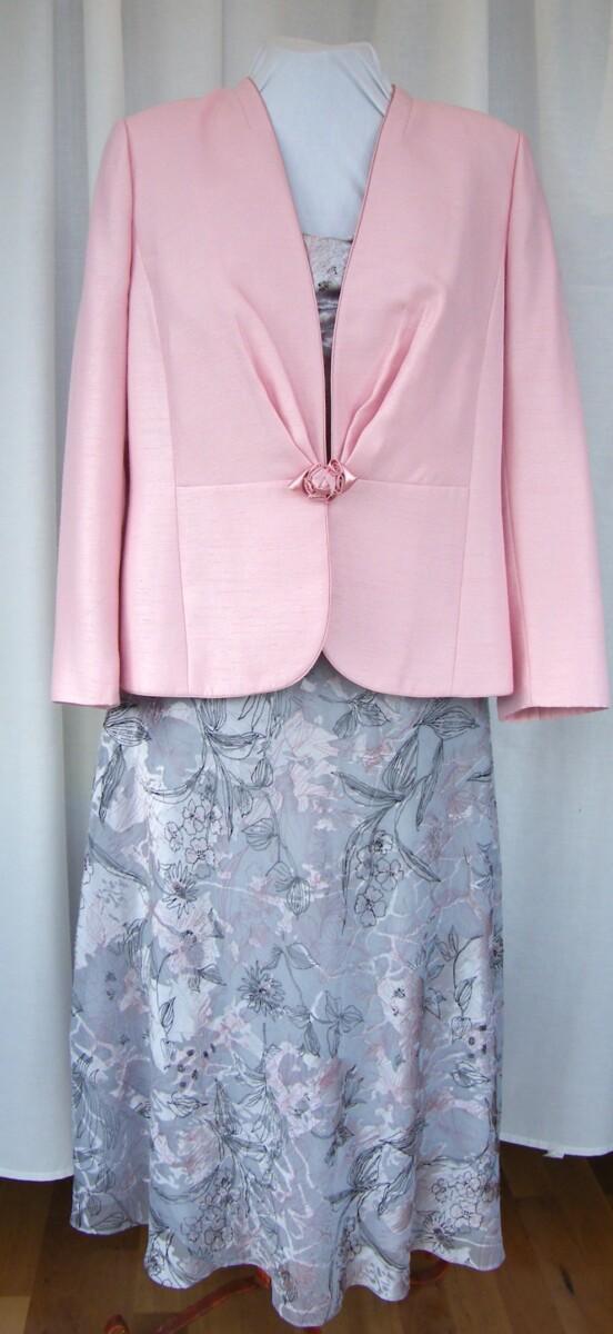 jacques vert FONDANT PINK RANGE PINK & GREY CRYSTAL DEVORE DRESS & MATCHING BROACH JACKET IN FONDANT PINK SHANTUNG