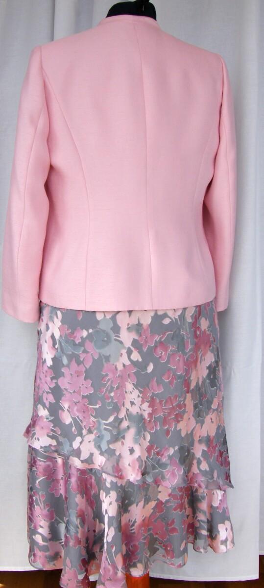 Jacques Vert FONDANT PINK RANGE PINK & GREY SILK DEVORE DRESS FLORAL PRINT & MATCHING BROACH JACKET IN FONDANT PINK SHANTUNG