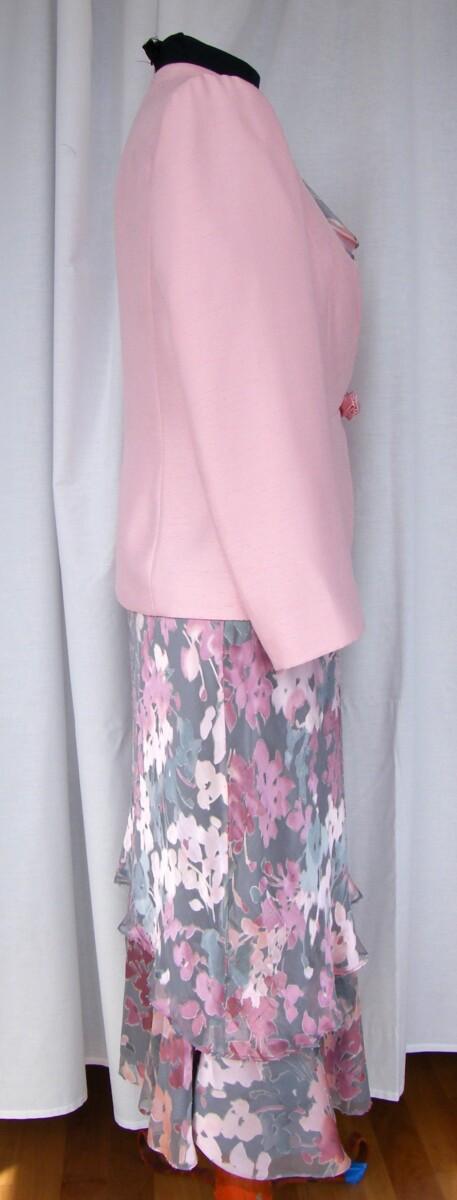 Jacques Vert FONDANT PINK RANGE PINK & GREY SILK DEVORE DRESS FLORAL PRINT & MATCHING BROACH JACKET IN FONDANT PINK SHANTUNG
