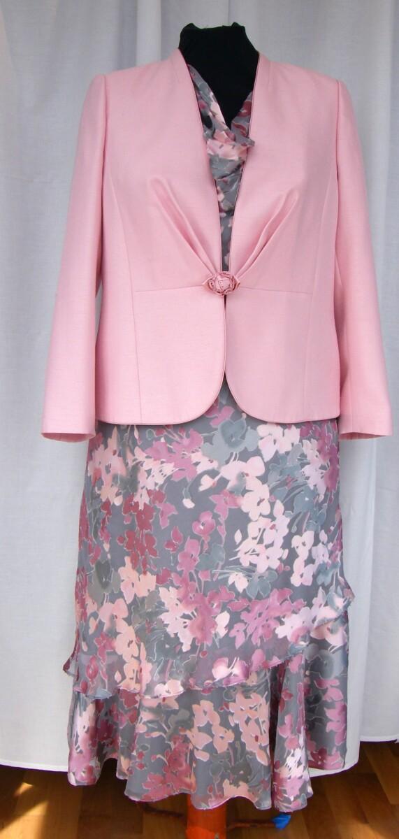 jacques vert FONDANT PINK RANGE PINK & GREY SILK DEVORE DRESS FLORAL PRINT & MATCHING BROACH JACKET IN FONDANT PINK SHANTUNG