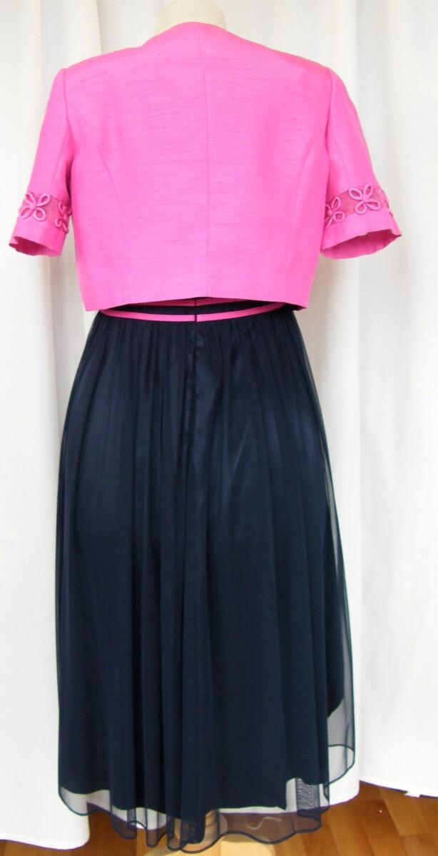 Jacques Vert FUSCHIA & NAVY RANGE NAVY NET SHIMMER PROM DRESS FUSCHIA RIBBONS ON BODICE & FUSCHIA SHANTUNG SHORT JACKET