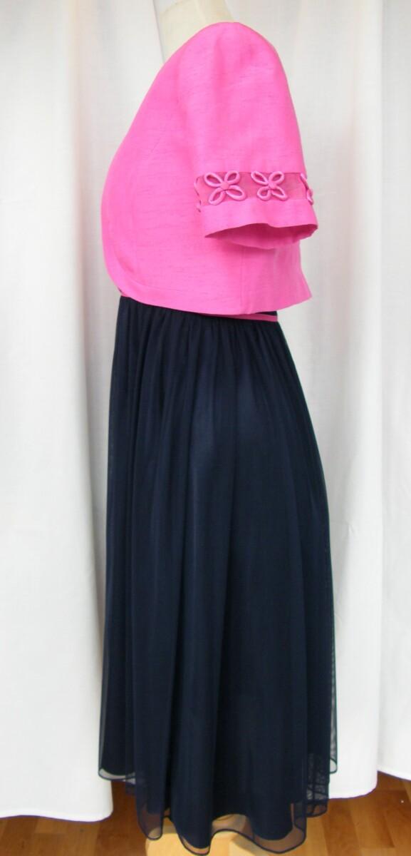 Jacques Vert FUSCHIA & NAVY RANGE NAVY NET SHIMMER PROM DRESS FUSCHIA RIBBONS ON BODICE & FUSCHIA SHANTUNG SHORT JACKET