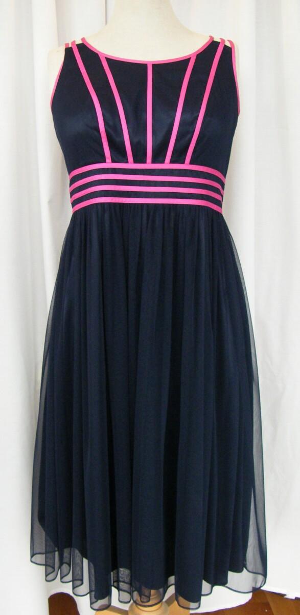 Jacques Vert FUSCHIA & NAVY RANGE NAVY NET SHIMMER PROM DRESS FUSCHIA RIBBONS ON BODICE & FUSCHIA SHANTUNG SHORT JACKET
