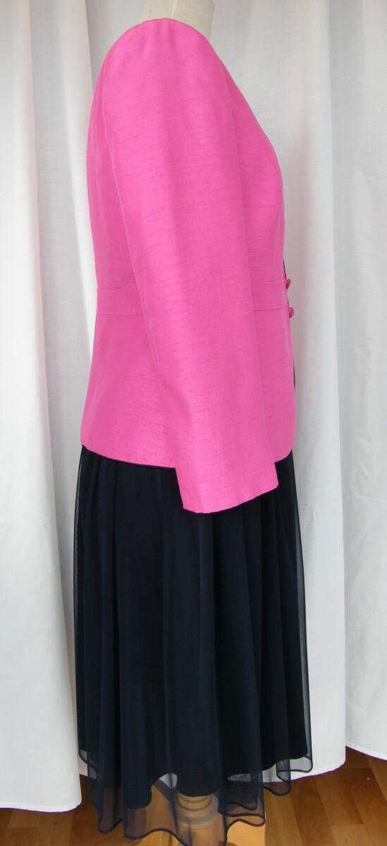 Jacques Vert FUSCHIA & NAVY RANGE NAVY NET SHIMMER PROM DRESS FUSCHIA RIBBONS ON BODICE & FUSCHIA SHANTUNG JACKET EDGED IN NAVY