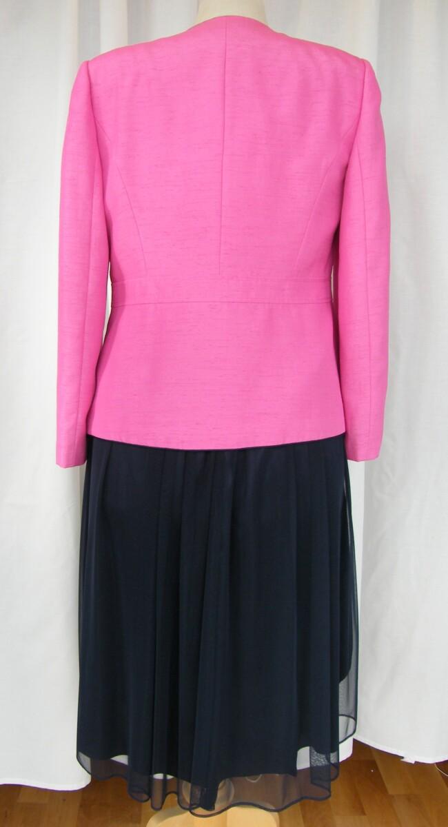 Jacques Vert FUSCHIA & NAVY RANGE NAVY NET SHIMMER PROM DRESS FUSCHIA RIBBONS ON BODICE & FUSCHIA SHANTUNG JACKET EDGED IN NAVY