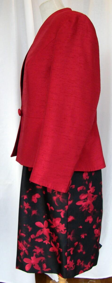 Jacques Vert GARNET RANGE BLACK SHANTUNG SHIFT DRESS GARNET RED ORIENTAL FLORAL PRINT & GARNET RED JACKET