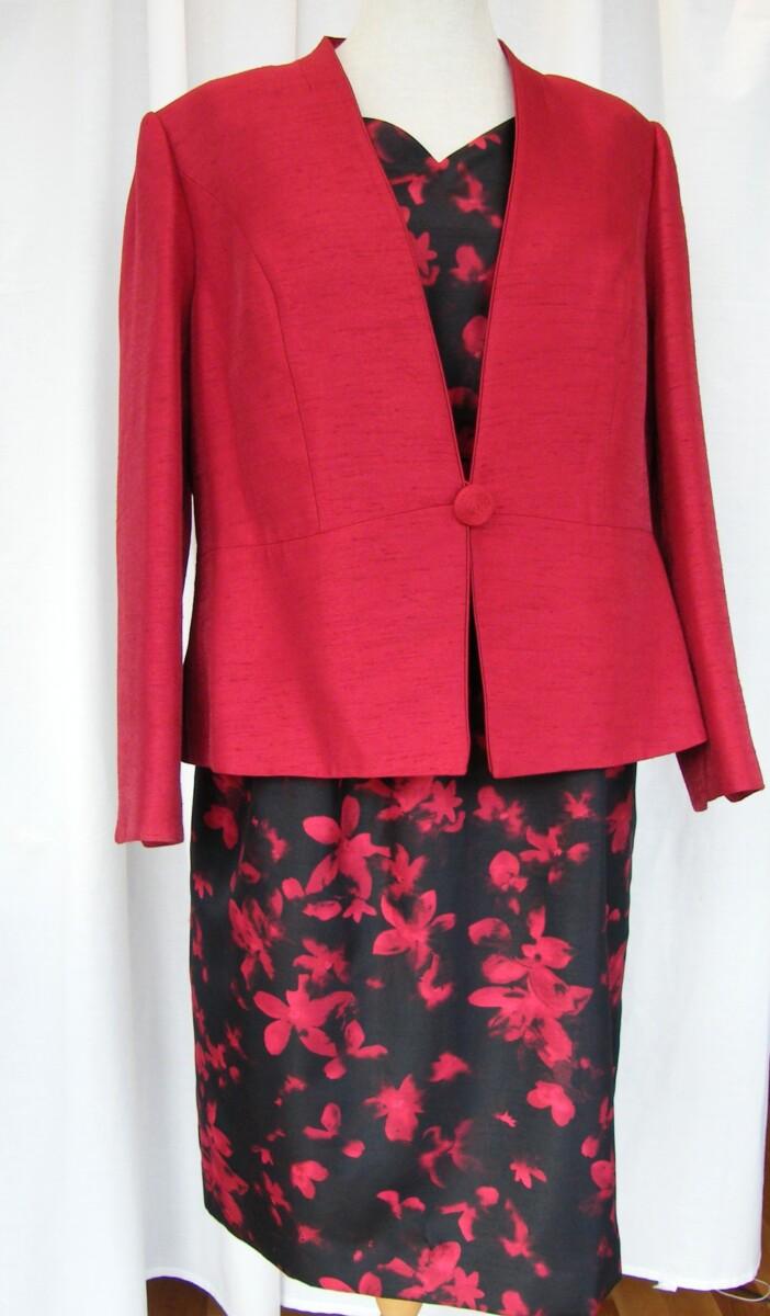 jacques vert GARNET RANGE BLACK SHANTUNG SHIFT DRESS GARNET RED ORIENTAL FLORAL PRINT & GARNET RED JACKET