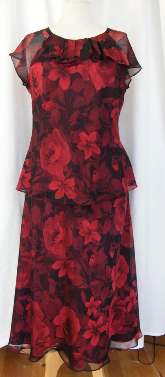 Jacques Vert GARNET RANGE RED & BLACK ROSE HEAD PRINTED ORGANZA CHIFFON TOP & SKIRT WITH GARNET RED JACKET